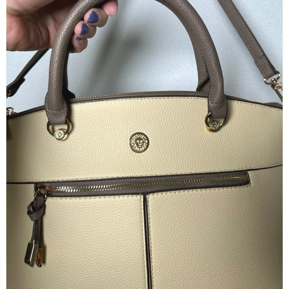 Anne Klein Two Tone Pebbled Satchel Crossbody Bag Beige Taupe Gold Tone NWOT